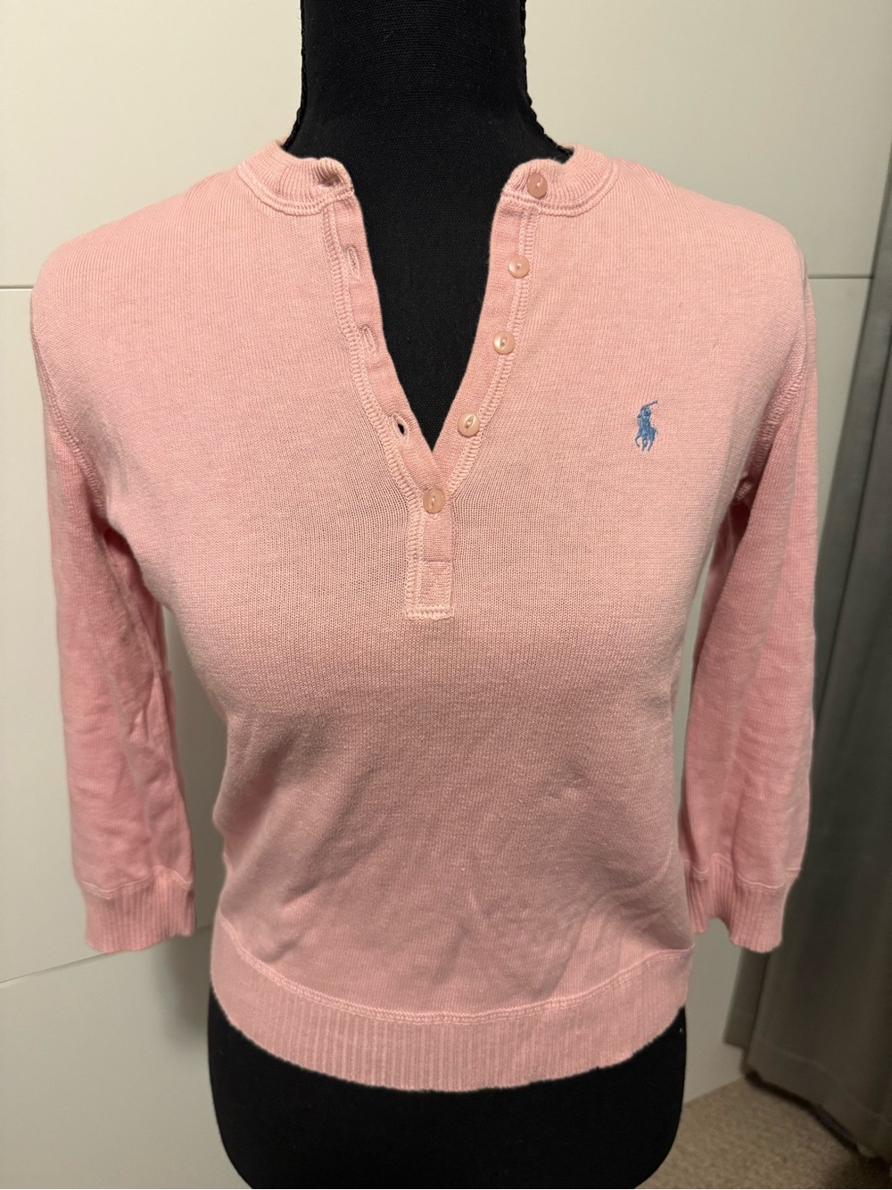 Ralph Lauren Pink Scoop-Neck Button Henley Sweater with Blue Pony